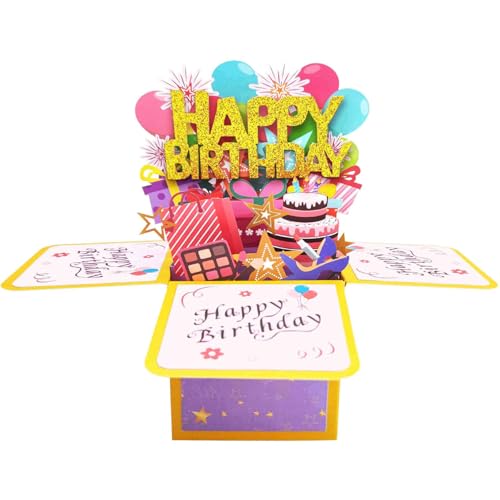 ENJOYPRO Happy Birthday Pop Up Card, Handmade Birthday Greeting Card With Envelope, 3D Gift Box Celebration Card for Women, Men, Kids, Adults, Mom, Dad, Daughter, Son, Sister, Brother, Wife, Husband, Friend (3D Happy Birthday Gift Box, Pack of 1) — view 2
