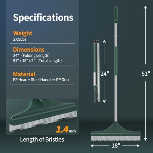 Artificial Grass Turf Rake with Foldable Lightweight Steel Handle, 51" Folding Turf Brush for Carpet Cleaner with Ergonomic Design, Suitable for Pet Hair Removal, Silver Handle and Green Head by SHANTRA - Image 2