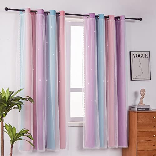 FANLI Ombre Rainbow Blackout Curtains for Kid Girls Bedroom Living Room Darking Stripe Double Layer Star Cut Out Wall Home Decor Gradient Grommet Window Curtains (Pink Purple, 52W x 63L)…