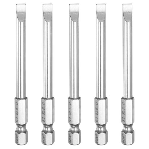 Image of sourcing map 5pcs SL5 Slotted Screwdriver Bits 5mm Slotted Tip 1/4" Hex Shank 75mm (3") Long Magnetic Flat Head S2 Steel Screw Driver Drill Bits Industrial Power Tools