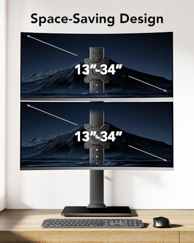 Image of HUANUO Dual Monitor Stand for 13 to 34 Inch, Max Load 44 lbs, Vertical Monitor Mount, Freestanding Monitor Riser with Swivel, Tilt, Rotation, 13 Height Settings, Max VESA 100x100