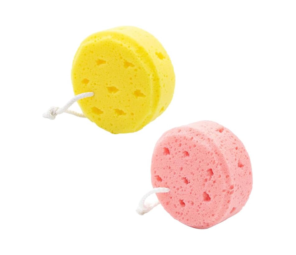 2PCS Natural Fiber Honeycomb Bath Sponge for Adults and Kids,Soft Exfoliating Scrubber Ball,Gentle Rounded Scrub for Shower & Skin Care,Not Rough On The Hands,Pink and Yellow