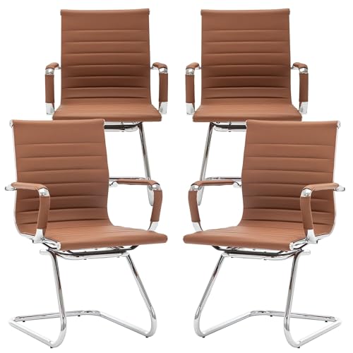 Image of Conference Room Chairs Set of 4, Waiting Room Chairs with Arms, Faux Leather Reception Chairs No Wheels, Office Guest Chairs with Mid Back Support and Chrome Sled Base, Cafe