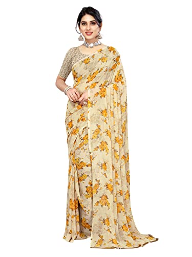 Image of SIRIL Women's Floral Printed Georgette Saree With Unstitched Blouse Piece