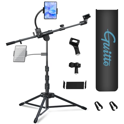 GUITTO Microphone Floor Stand with Phone/Tablet Holder, Adjustable Boom Mic Stand with Heavy-Duty Base, Dual Device Mount for Streaming, Podcasting, Recording, and Live Performances GMS-04