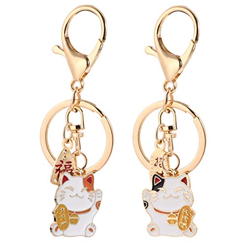 2 Pcs Porte-Clés Chat Chanceux Style Feng Shui Maneki Neko Porte-Clés Fu Charmes Porte-Clés à...