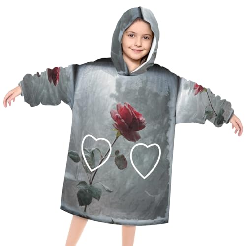 Kids Blanket Hoodie Winter Rose Wearable Blanket Hoodie Oversized Hooded Blanket, Sweatshirt Blanket with Pockets Soft Warm Kids Hooded Blanket for Girls, Boys