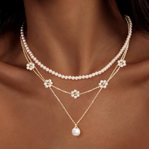 Image of Zeffy Gold Pearl Necklace for Women, Dainty 14K Gold /Silve Plated Layered Pearl Choker Pearl Earrings Pearl Bracelets Wedding Trendy Gold Jewelry Set for Women Gifts