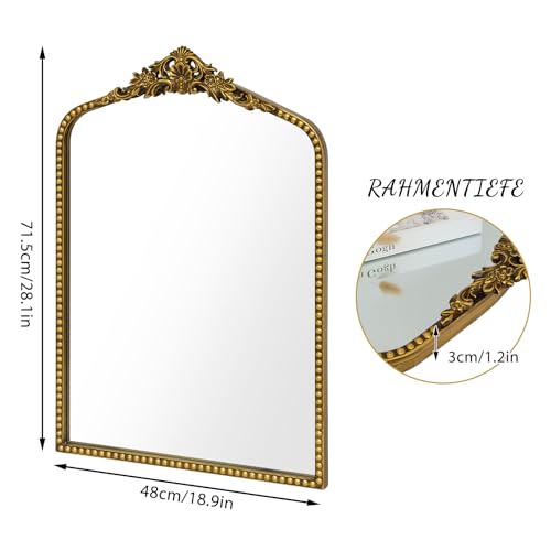 Awhtixbo Gold Barock Spiegel Antik-Vintage mit Goldrand & Bögen Dekorativer Halbrund Spiegel als Wanddekoration für Wohnzimmer, Flur Prunkvoller Wandspiegel im Barockstil，Größe: 48 x 71.5 cm