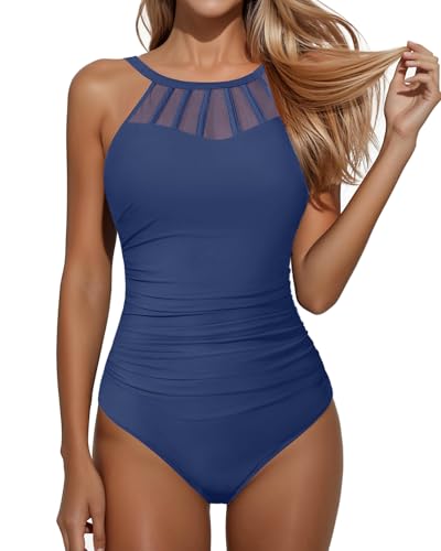 Holipick Grey Blue Women Tummy Control One Piece Swimsuit Modest Bathing Suit Full Coverage High Neck Swimwear L