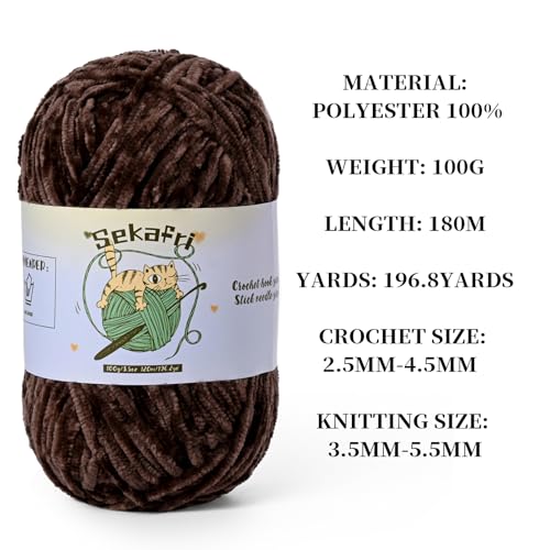 Image of 3 Pack of 300g (590yds) Fuzzy Chenille Yarn for Crocheting,Fluffy Amigurumi Crochet Yarn for DIY Craft /Hat /Clothes, Soft Velvet Baby Blanket Yarns(3 Coffee)