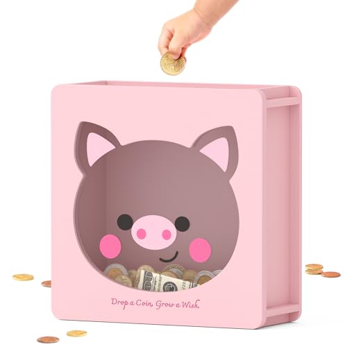 Image of Summidate Wooden Piggy Bank for Kids Girls, Money Savings Box with Clear Removable Windows and DIY Stickers, Personalized Cash Vault Box for Teens & Adults, Birthday /Baby Shower /Wedding Gift