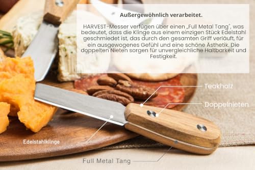 Foto von Harvest Premium 6-Teiliges Käsemesser Set - Komplette Käsemesser-Kollektion aus Edelstahl mit Teakholzgriffen und Durchgehenden Klingen mit 15 festlichen Rezepten (zum Verschenken bereit)