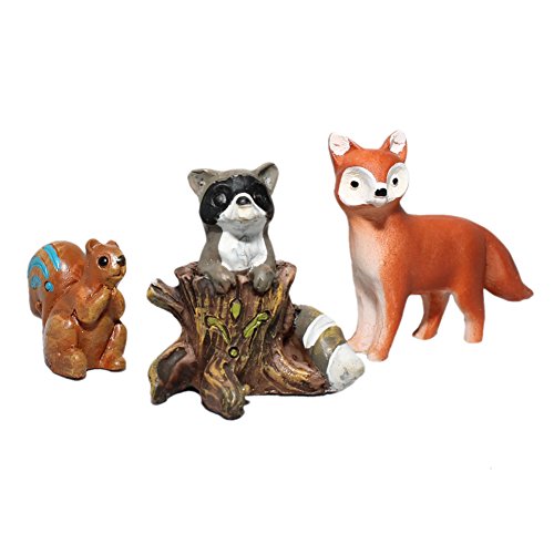 Miniature Fairy Garden 3 Piece Wild Animals Fox Racoon Rustic Mini Statue Dollhouse Accent