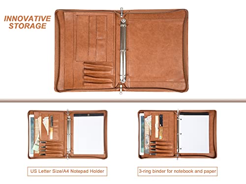 Azxcg Padfolio For Women, 3 Ring Binder Business Portfolio, Vegan Leather Zipper Binder Portfolio Folio, Document Notebook Organizer With A4 Clipboard Folder, Gift For Men, Brown #TOP5