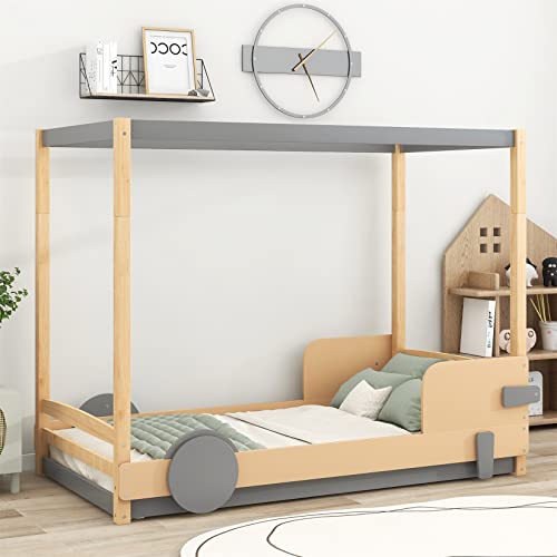 Canopy Bed Car Shaped Twin Platform Beds Wood Floor Bed Frame For Kids Boys Girls Juniors, Twin Size, Natural With Gray #TOP11