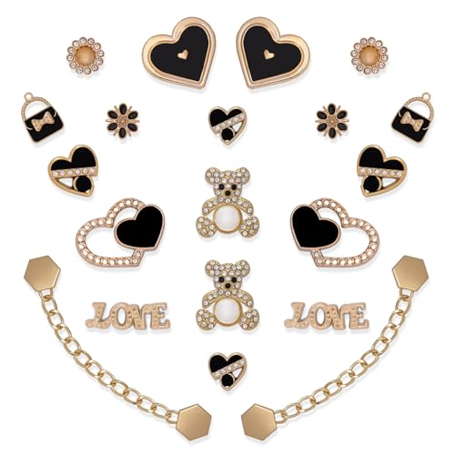 20 Pcs Bling Shoe Charms for Women, Sparkle Flower Bear Shoe Decoration Charms Black Heart Shoe Charm, Gold Shoe Chains for Clog Sandals, DIY Shoe Accessories for Birthday Party Favorx