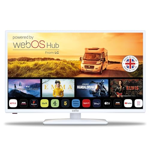 Cello Televisor Inteligente White Traveller de 32 Pulgadas y 12 voltios, WebOS rápido, Bluetooth, Netflix, Apple TV y DAZN para autocaravanas y caravanas