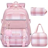 WYCY Mochila feminina – linda bolsa escolar xadrez com compartimento para laptop para ensino fundamental e médio, Bolsa escolar + lancheira isolada + estojo de lápis rosa, Large, Bolsa estudantil