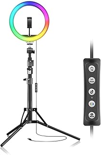 RGB Ring Light with Tripod Stand & 2 Phone Holder, Selfie Ring Light with Musical Rhythm Mode, LED Camera Ringlight with 49 RGB Colors Modes and 10 Brightness, for Tiktok/YouTube/Shooting/Live