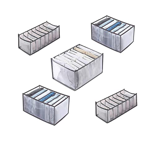 Kyzistn 5Pack Wardrobe Clothes Organizer Foldable Closet Organizer Portable Storage Baskets Visible Grid Storage Box for T-shirt,Skirts,Jeans(Grey)