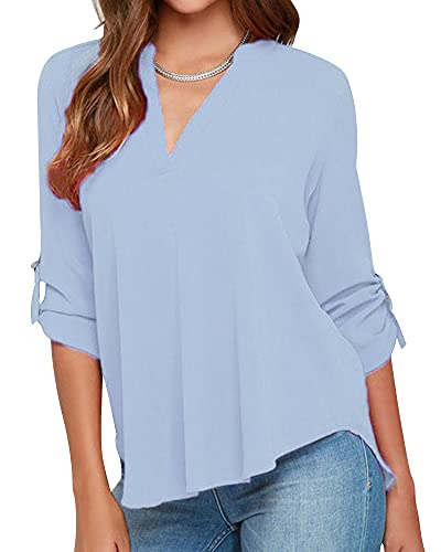 roswear Women s Casual V Neck Cuffed Sleeves Solid Blouse Baby Blue XXL