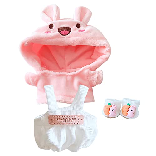 niannyyhouse 綿人形の服 20cm人形の服 上着+吊りズボン+靴 3点セット 着せ替え うさぎの服 パーカー コーデュロイオーバーオール 動物の靴 人形ベビー服 ぬいぐるみ 用 (pink)
