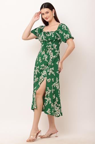 Image of Animal Print Tie-Up Neck Puff Sleeve Crepe A-Line Midi Dress
