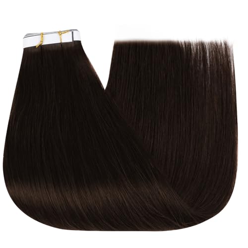 Image of Full Shine Tape in Weft Hair Extensions Human Hair Color 2 Darkest Brown 22 Inch Invisible Seamless Skin Weft Genius Weft Hair Extensions 4PCS Soft and Silky 120g for Party