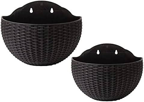 HOUI 2 PCS Imitation Rattan Wall Hanging Planter,Semicircle Plastic Plant Baskets Container Flower Pot with Drainage and Hooks for Balcony Fence Wall Indoor Outdoor Home Office Decoration Gift(Black)