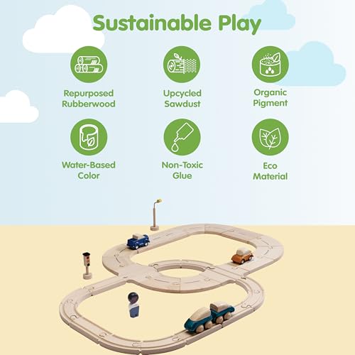 Image of PlanToys Wooden My First Rail & Road Toy Set Montessori Building Kids Play | wooden train, toy cars, tracks, girls, boys, imaginative fine motor problem solving city role gift preschool interactive