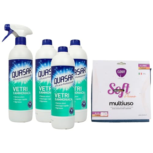 SET PULIZIA: Quasar VETRI con AMMONIACA, Detergente Senza Aloni, Sgrassa, Asciuga Rapido, 580ml + Panno In Microfibra Multiuso SOFT, 33x33 (Colori Assortiti) (1 Spray + 3 Ric + 1 Panno)