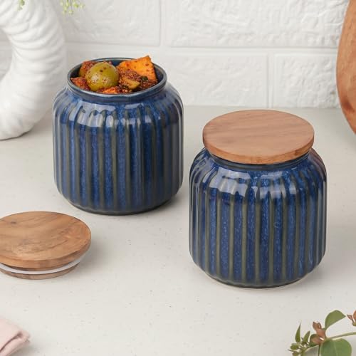 Image of The Earth Store Glam Blue Ceramic Jar Set of 2, 550ML | Wooden Air Tight Lid Jars for Pickles /Achar, Chutney, Sauces, Salt, Candy and Spices | Ceramic Jar for Kitchen, Gifting