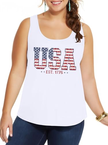 Image of Ithalt Plus Size 4th of July Tops for Women American Flag Tank Tops USA Patriotic Shirts Red White and Blue Sleeveless