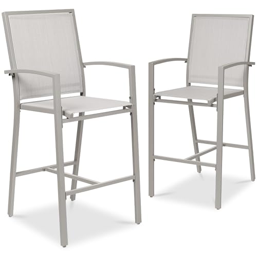 Best Choice Products Outdoor Bar Stools Set of 2 Bar Height Patio Furniture All Weather Mesh Design w/Armrest - Gray/Gray