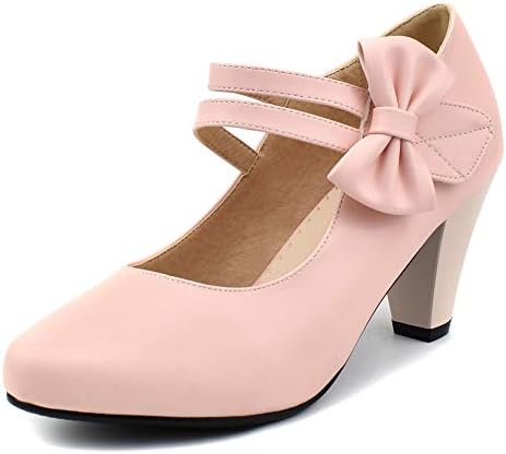 100FIXEO Chic Mary Jane Shoes Women Heels and Pumps Ladies Block High Heel Sweet Ankle Strap Dress Pumps Hook and Loop Bow Heels Closed Toe (Pink,6.5)