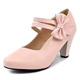 100FIXEO Chic Mary Jane Shoes Women Heels and Pumps Ladies Block High Heel Sweet Ankle Strap Dress P