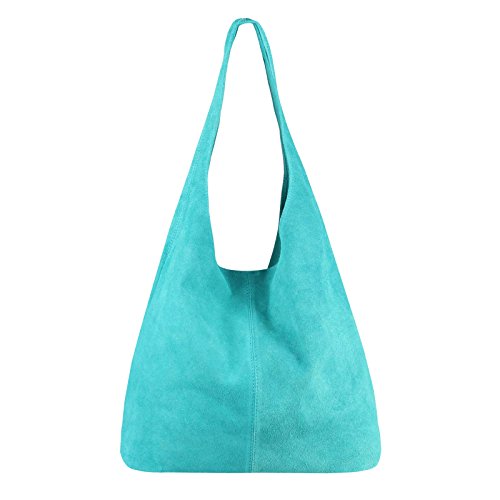 OBC Made IN Italy Damen Leder Tasche Handtasche Wildleder Shopper Schultertasche Hobo-Bag Henkeltasche Beuteltasche Velourleder (Türkis (Wildleder))