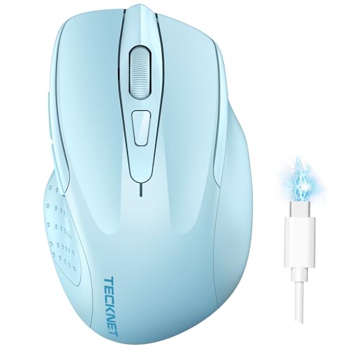 TECKNET Kabellose Maus (BT5.0/3.0 & 2.4G) Wiederaufladbare 4800 DPI Leise USB A & Bluetooth Maus 6 Tasten, breite Kompatibilität - Hellblau