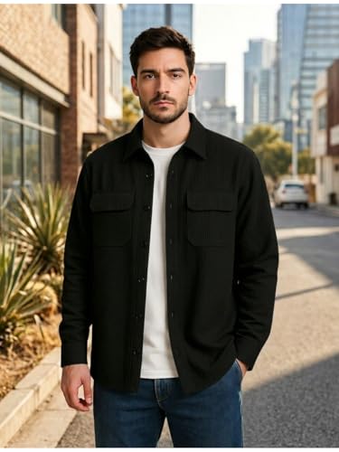Image of DEELMO Men's Cotton Polyester Corduroy Shirt with Textured Pattern Spread Collar Full Sleeves Dual Pocket Front and Button Down Closure | Textured Shirts for Men | Shirts for Men Stylish
