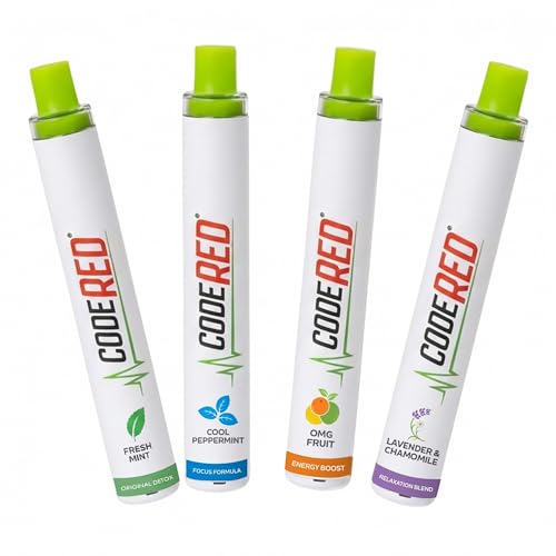 Code Red V-Aid Herbal Diffuser 4-Pack - Fresh Mint, Cool Peppermint, OMG Fruit & Lavender Sticks with Mullein, Thyme, Guarana & Ashwagandha - Plant-Based, Pocket-Sized Reset Ritual - 4 Count
