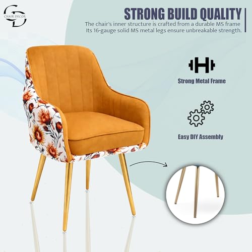 Image of Velvet Accent Chair | Luxury Upholstered Armchair with Sturdy Metal Legs | Modern Comfortable Chair for Living Room, Bedroom, Office, or Cafe (Golden Legs, Light Brown Floral)