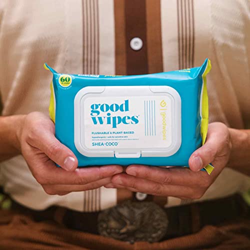 Image of Goodwipes Flushable & Plant-Based Wipes with Botanicals | Dispenser for At-Home Use | Shea-Coco with Aloe Septic and Sewer Safe | 60 count (1 pack) - Biggest Adult Wipes