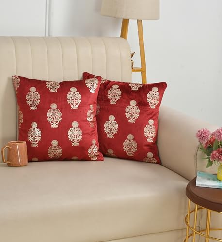 Image of DEVSANG Foil Velvet Cushion Covers 16 inch x 16 inch Set of 2 pc, Maroon