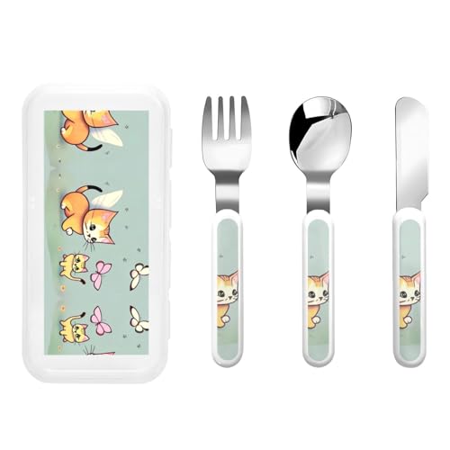 Kitten Butterfly - Vajilla portátil infantil de 3 piezas, reutilizable, protección alimentaria, cuchillo, tenedor y cuchara Kitten Butterfly - Vajilla portátil infantil de 3 piezas, reutilizable, protección alimentaria, cuchillo, tenedor y cuchara