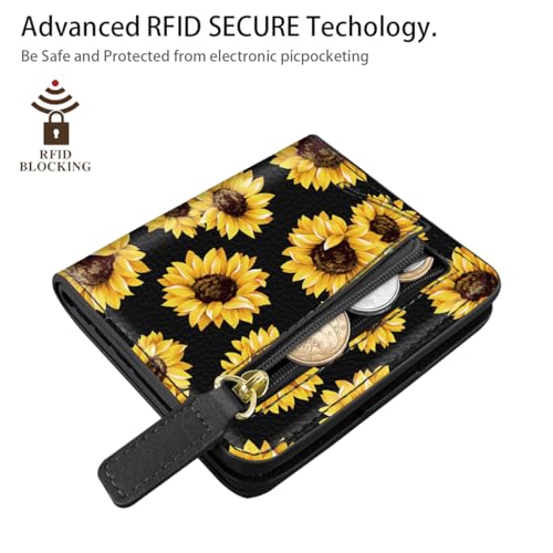 Image of Small Womens Wallet Thin Credit Card Holder Pocket Mini Purse | Compact Women Slim RFID Blocking Wallets Bifold Ladies Pocket Card Holders for Travel & Daily Use, Sunflower