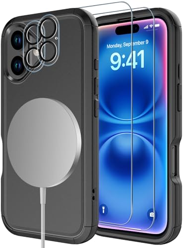 Image of Diverbox for iPhone 16 Case [Compatible with MagSafe] [Shockproof] [Dropproof] [Tempered Glass Screen Protector + Camera Protectors] Heavy Duty Protection Phone Cover for iPhone 16 (Magnetic Black)