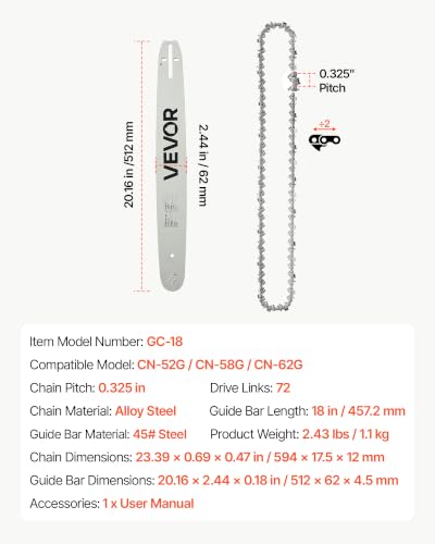Image of VEVOR Bar & Chainsaw Chain Combo 18 inch .325 inch Pitch .058 inch Gauge 72 Drive Links