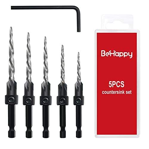 Behappy Countersink Drill Bit Sets, 5Pcs M2 Hss Tapered Countersink Drill Bit#4, 6, 8, 10, 12 Tapered Bit With 1/4" Hex Shank Quick, Allen Wrench, Counter Sinker Drill Bit Set For Woodworking #TOP8