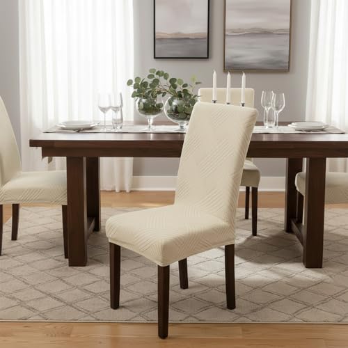 Image of House of Quirk Elegant Jacquard Chair Cover - 220 GSM Stretch Fabric, Universal Fit, Washable Short Dining Seat Protector Slipcover (Beige, Pack of 1)